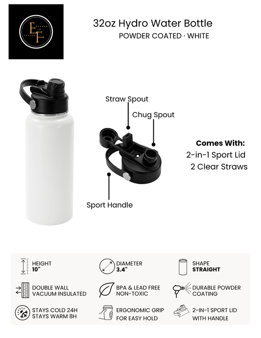 White 32oz Hydro Water Bottle - Custom Laser Engraved