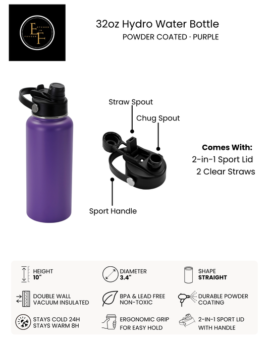 Purple 32oz Hydro Water Bottle - Custom Laser Engraved