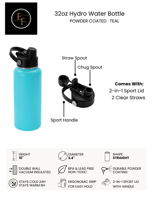 Teal 32oz Hydro Water Bottle - Custom Laser Engraved