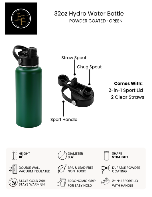 Green 32oz Hydro Water Bottle - Custom Laser Engraved