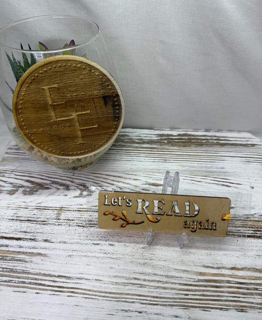 Laser cut wooden bookmark "Let's Read Again" from Etched in Favour