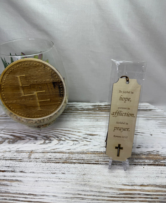 Laser cut wooden bookmark "Romans 12:12" from Etched in Favour